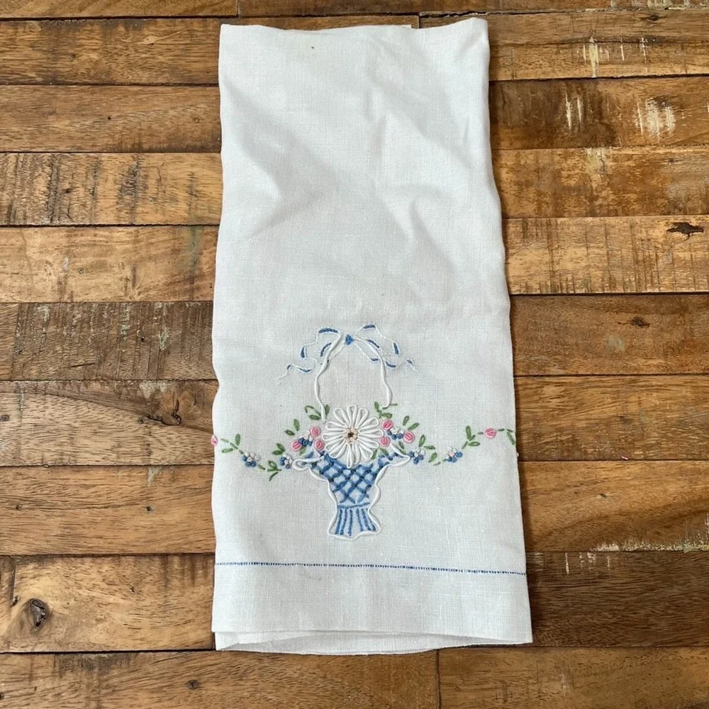 White Kitchen Dish Towel 17 x 28 in Hand-Embroidered Floral Basket Cross-Stitch